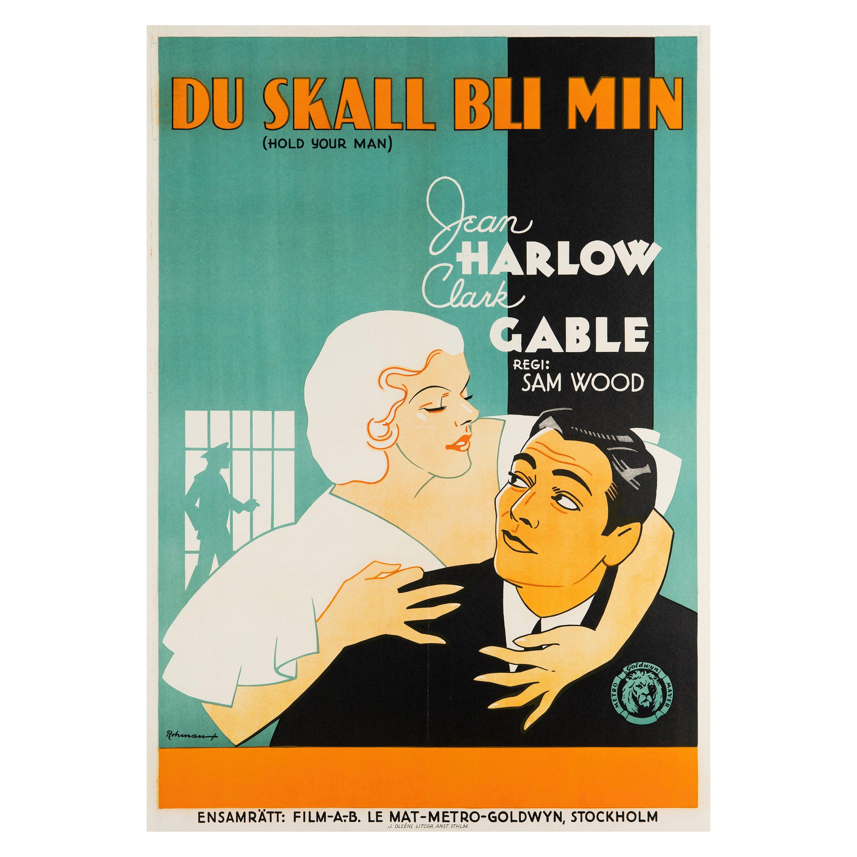 A splendid stone lithograph poster with bold Art Deco artwork by noted Swedish designer Eric Rohman for the Swedish release of MGM's 1933 pre-Code romantic drama 'Hold Your Man.' Starring regular collaborators Jean Harlow and Clark Gable as small