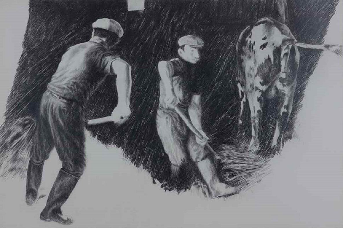 Farmhands by Yvon Pissarro (b. 1937)
Pencil on paper
79 x 108 (31 ¹/₈ x 42 ¹/₂ inches)
Signed upper right, Yvon Vey

Provenance
Studio of the Artist, Montpellier

Artist's Biography
The son of Paulémile and grandson of Camille Pissarro, Yvon