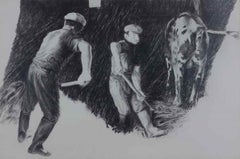 Hands de ferme, dessin au crayon sur papier par Yvon Pissarro, signé
