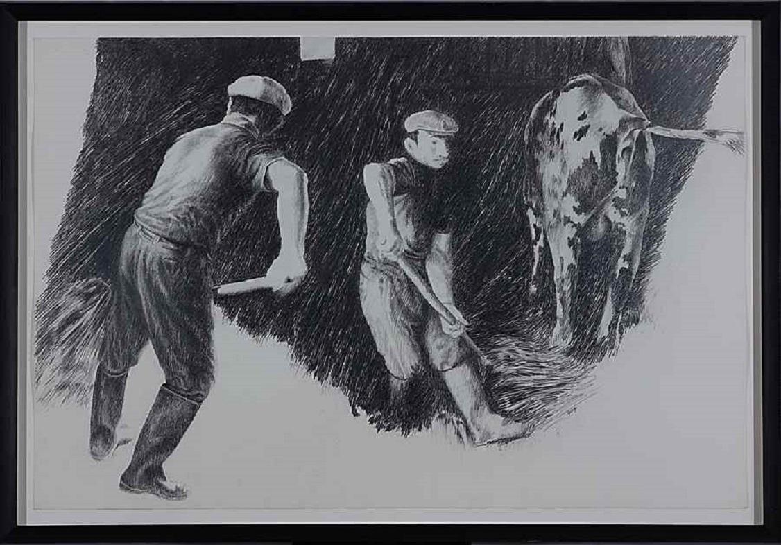 Farmhands, Pencil on Paper Drawing by Yvon Pissarro, Signed For Sale 1