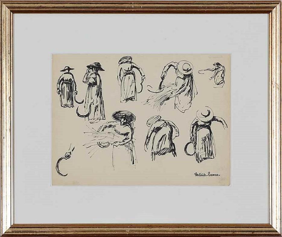Etude d'une Maraîchère coupant l'herbe by Paulémile Pissarro - Ink on Paper For Sale 1