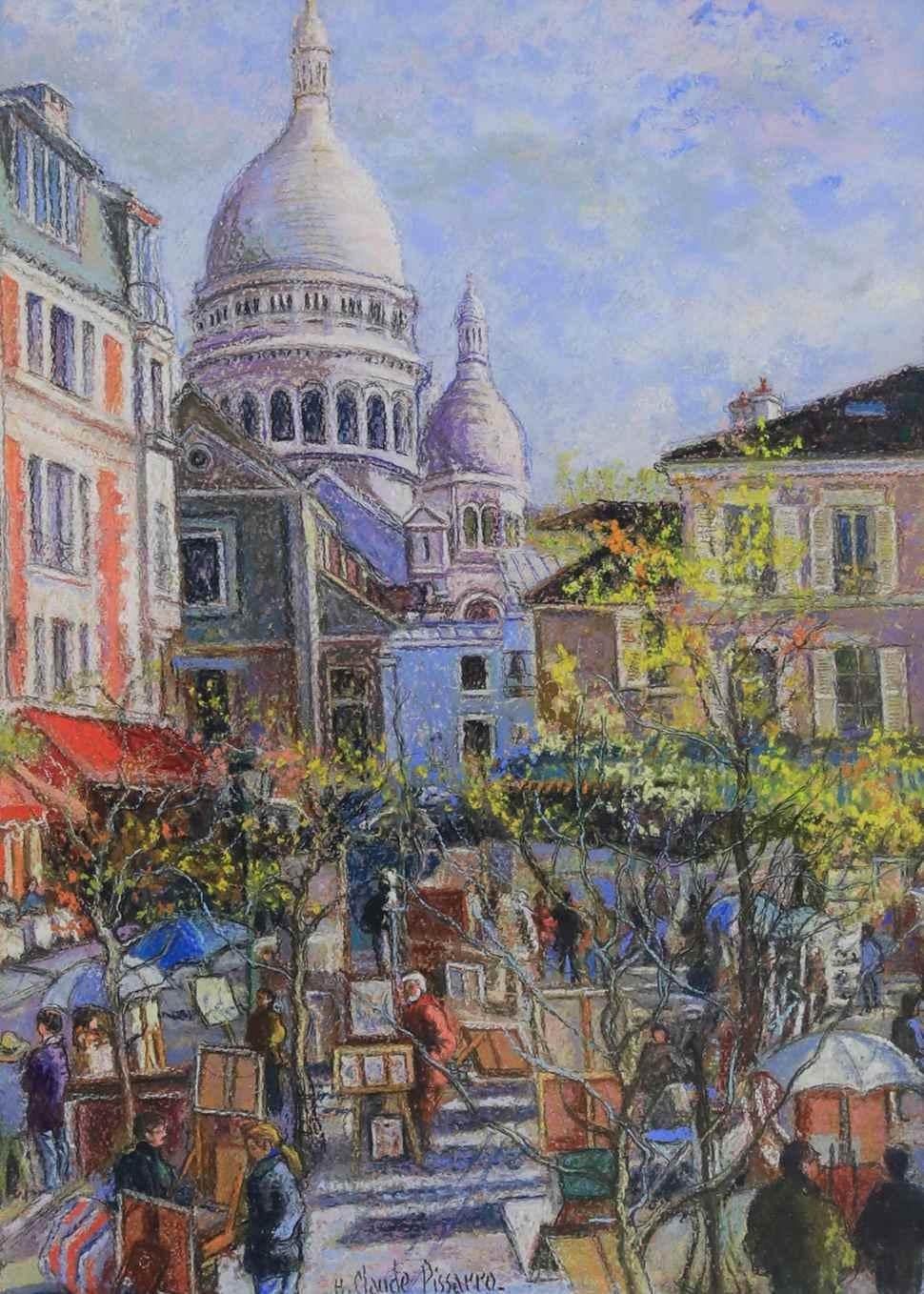 Hughes Claude Pissarro Figurative Art - Les Parasols Blancs - Montmartre by H. Claude Pissarro - Pastel on Card