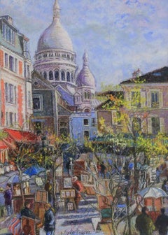 Used Les Parasols Blancs - Montmartre by H. Claude Pissarro - Pastel on Card