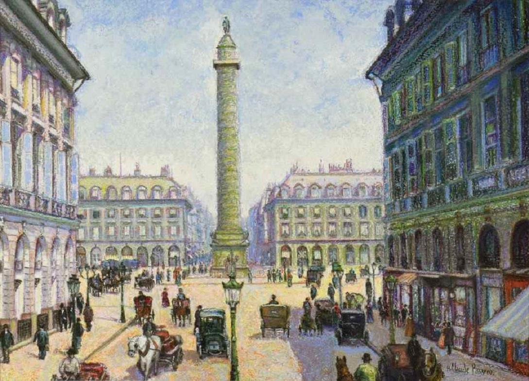 Figurative Art Hughes Claude Pissarro - This Place Vendôme par H. Claude Pissarro - Pastel sur carton, Post-Impressionniste