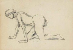 Kniendender Akt von Ludovic-Rodo Pissarro – Holzkohle auf Papier