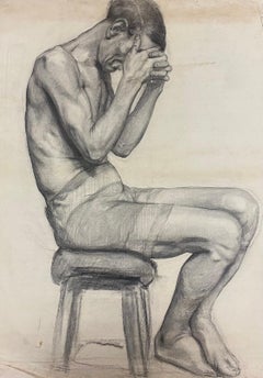 1900s Original francés Atelier Dibujo al natural Hombre posado Cabeza en las manos