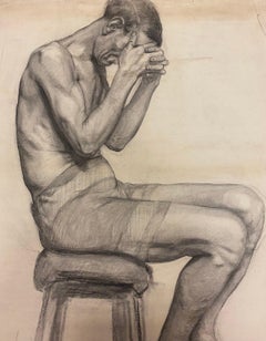 1900s Original French Atelier Life Drawing Posed Man Head in Hands
