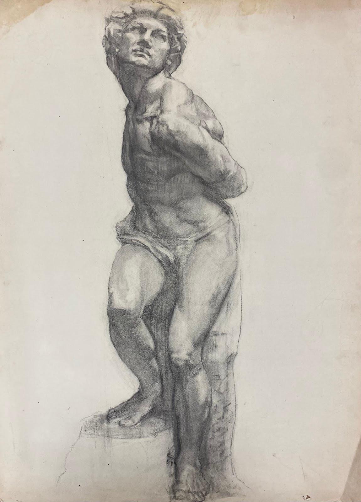 1900s Original French Atelier Life Drawing Academic Posed Male Sculpture Nude - Art by Jeanne Nachat
