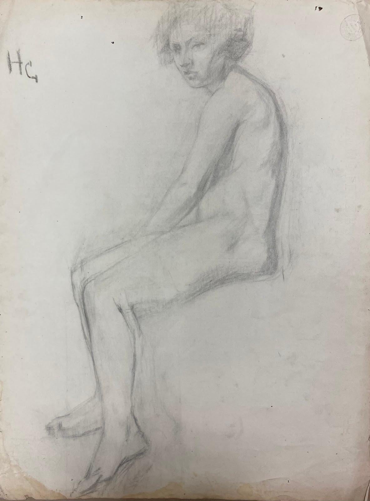1900s Original French Atelier Life Drawing Academic Posed Male Sculpture Nude 1