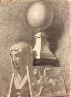 1900s Atelier Life Drawing Of A Sculpture Of A Nun Placed Besides Marble Statue