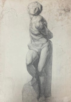 1900s Original French Atelier Life Drawing Of A Sculpture Of A Posed Male 
