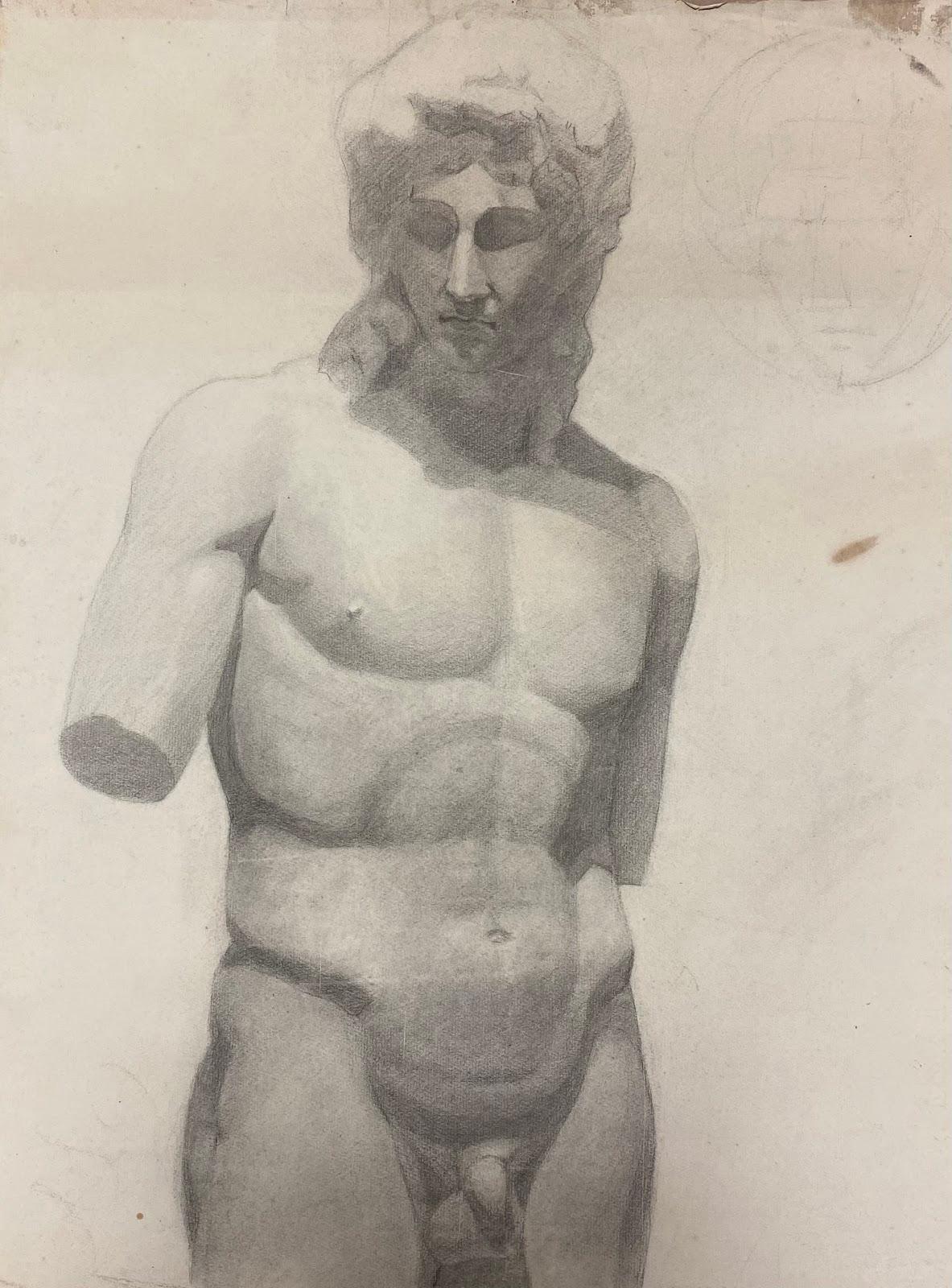 Jeanne Nachat Nude – 1900er Jahre Lebenszeichnung einer Skulptur eines nackten männlichen Stoods in Kontrast
