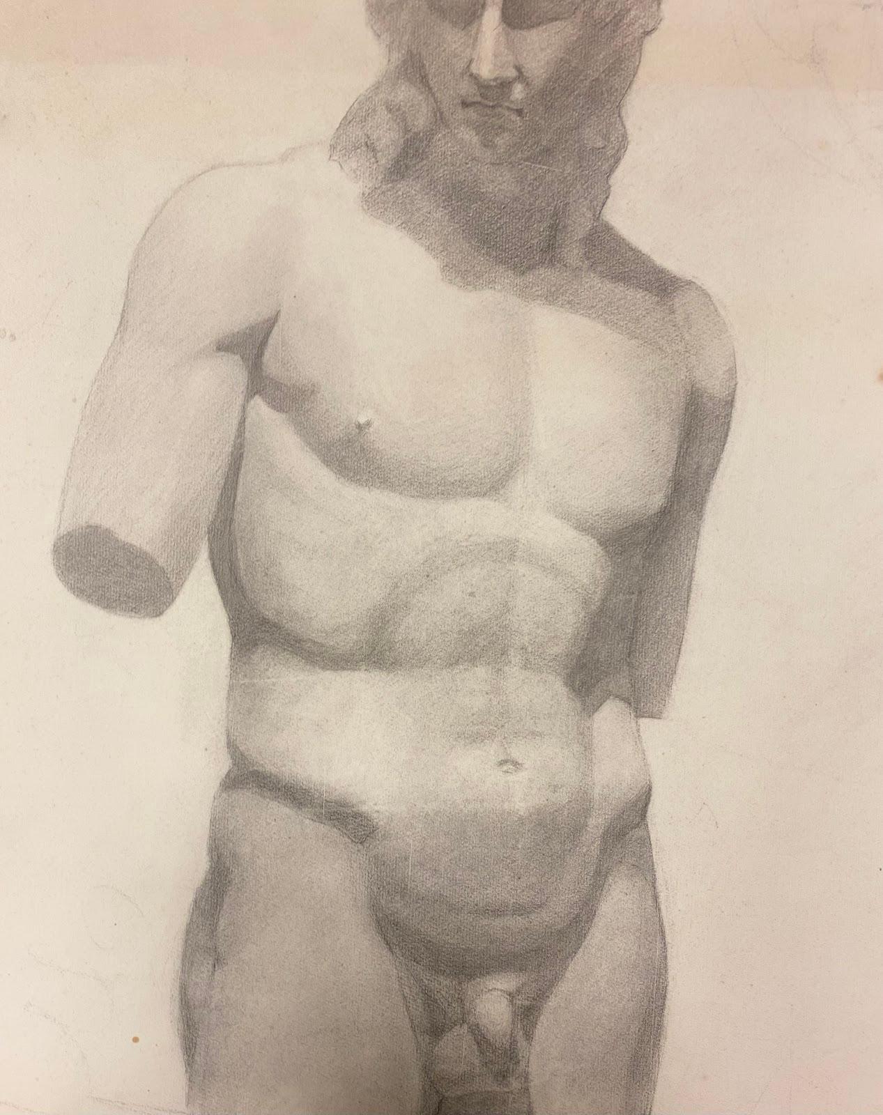 1900er Jahre Lebenszeichnung einer Skulptur eines nackten männlichen Stoods in Kontrast – Art von Jeanne Nachat