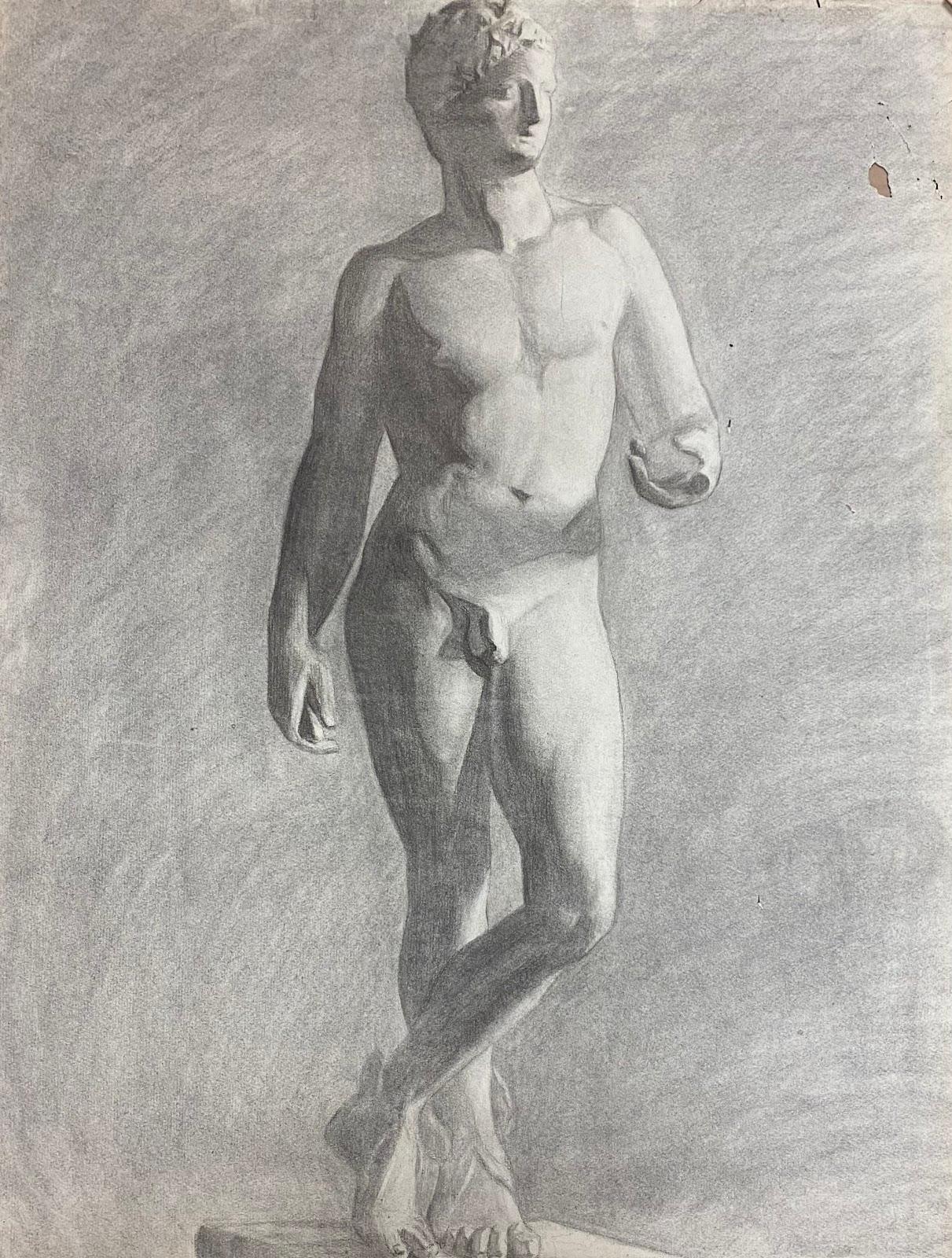 1900s French Atelier Academic Drawing Portrait of Classic Male Nude Sculpture
