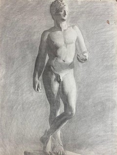 1900s French Atelier Academic Drawing Portrait of Classical Male Nude Sculpture
