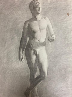 1900s French Atelier Academic Drawing Portrait of Classical Male Nude Sculpture