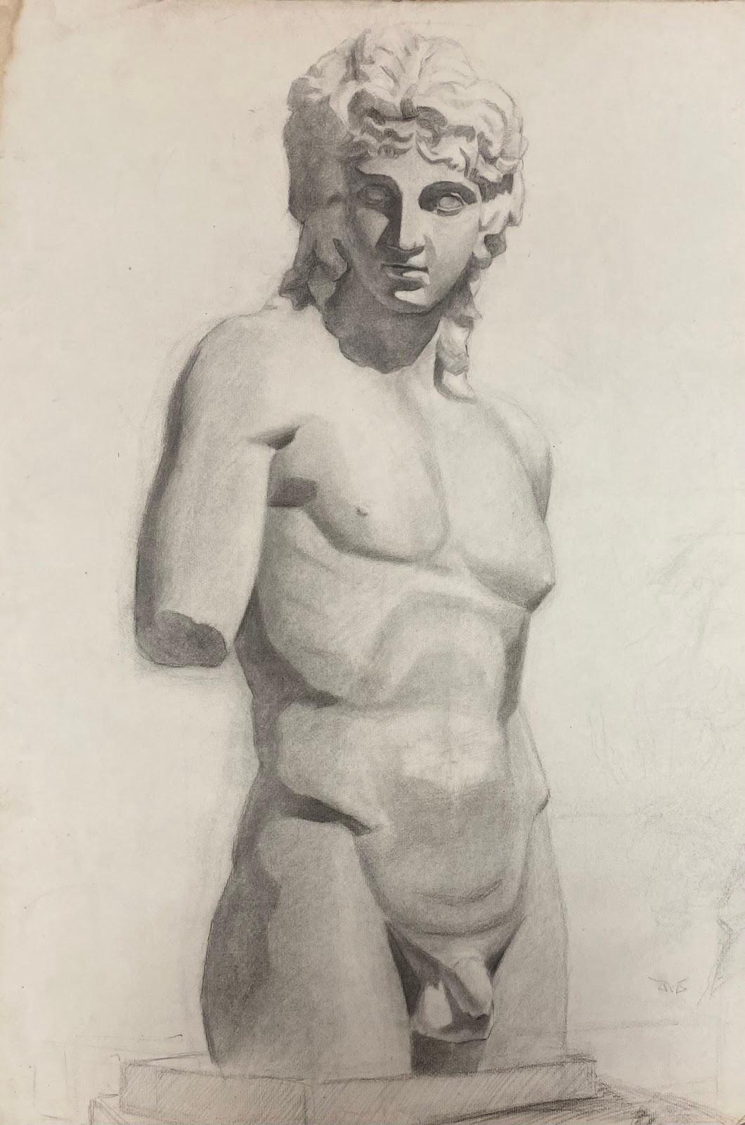 Französische Atelierleben-Zeichnung, akademische Skulptur einer männlichen Aktfigur, 1900er Jahre