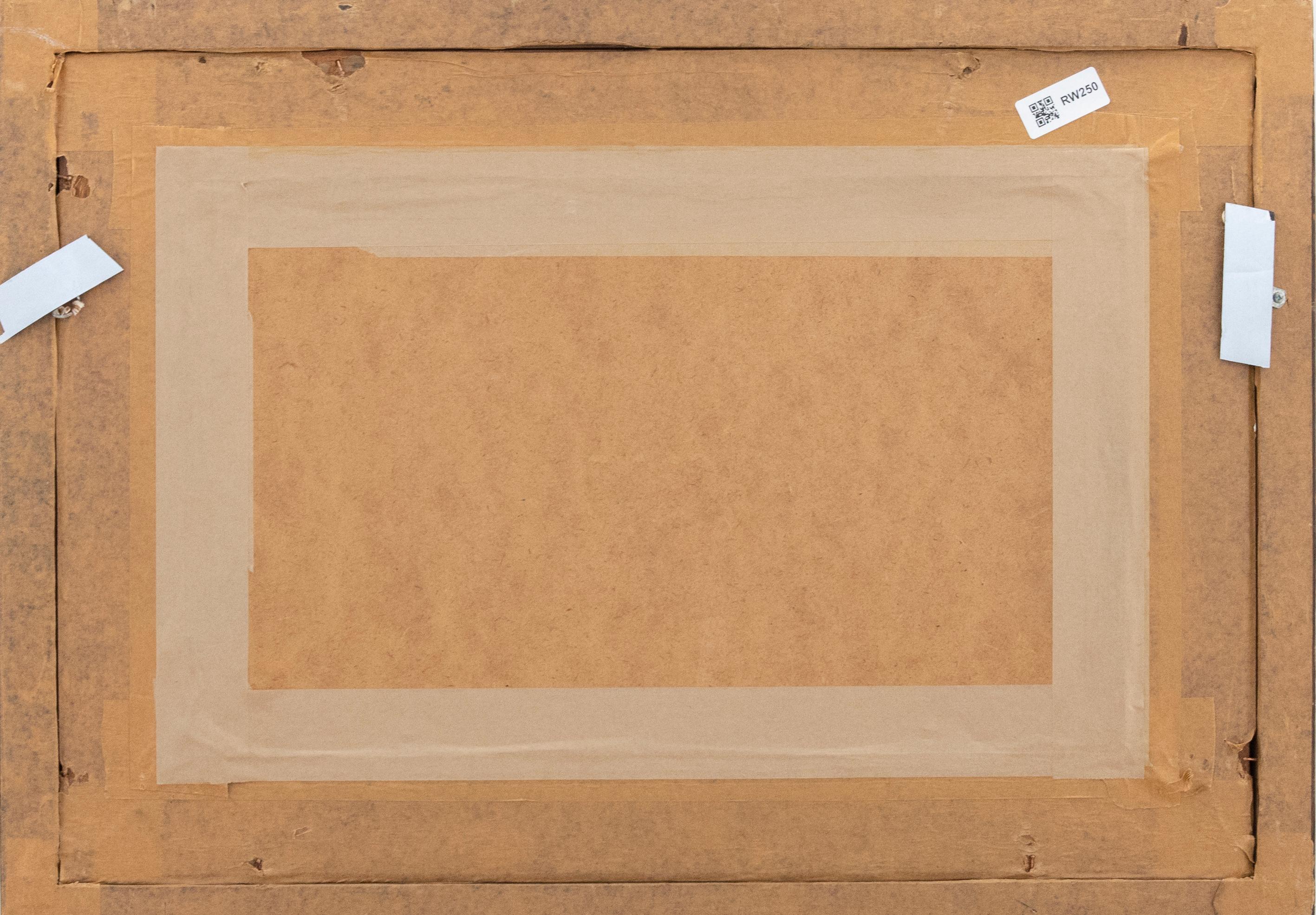 Eine charmante Aquarellszene, die eine Gruppe von Welpen zeigt, die sich um ein Küken scharen. Nicht signiert. Präsentiert in einem dunklen Holzrahmen mit geripptem Rand und vergoldetem Einleger. Auf dem Papier.
