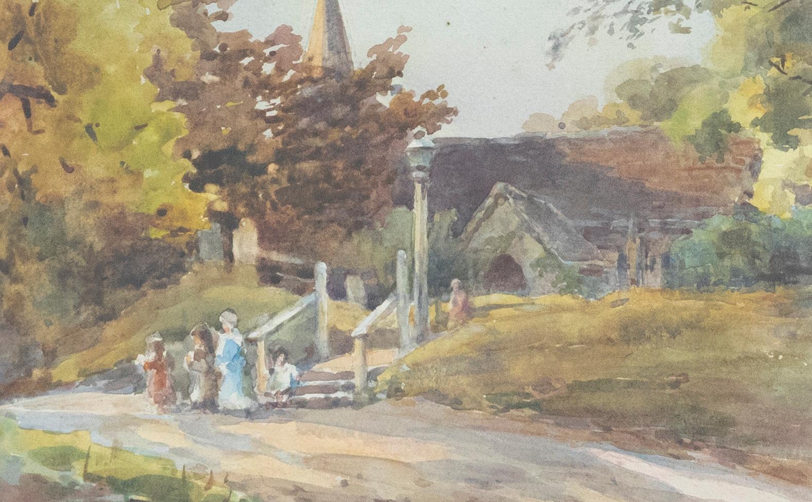 Leila K Williamson (fl.1884-1919) - Acuarela enmarcada, Saliendo de la iglesia - Art de Unknown