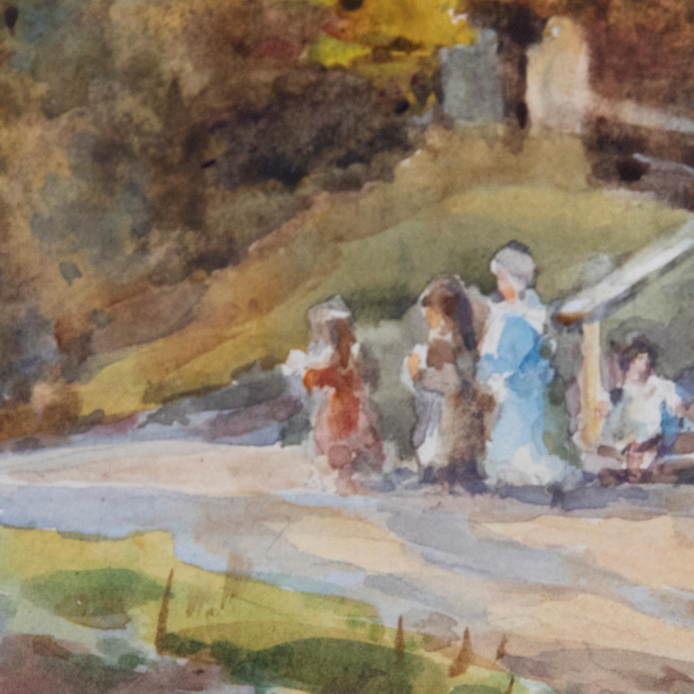 Preciosa acuarela de principios del siglo XX que representa a un grupo de niños de la localidad saliendo de la iglesia tras asistir a la escuela dominical. La acuarela está firmada por el artista en la parte inferior derecha. Bien presentado en un