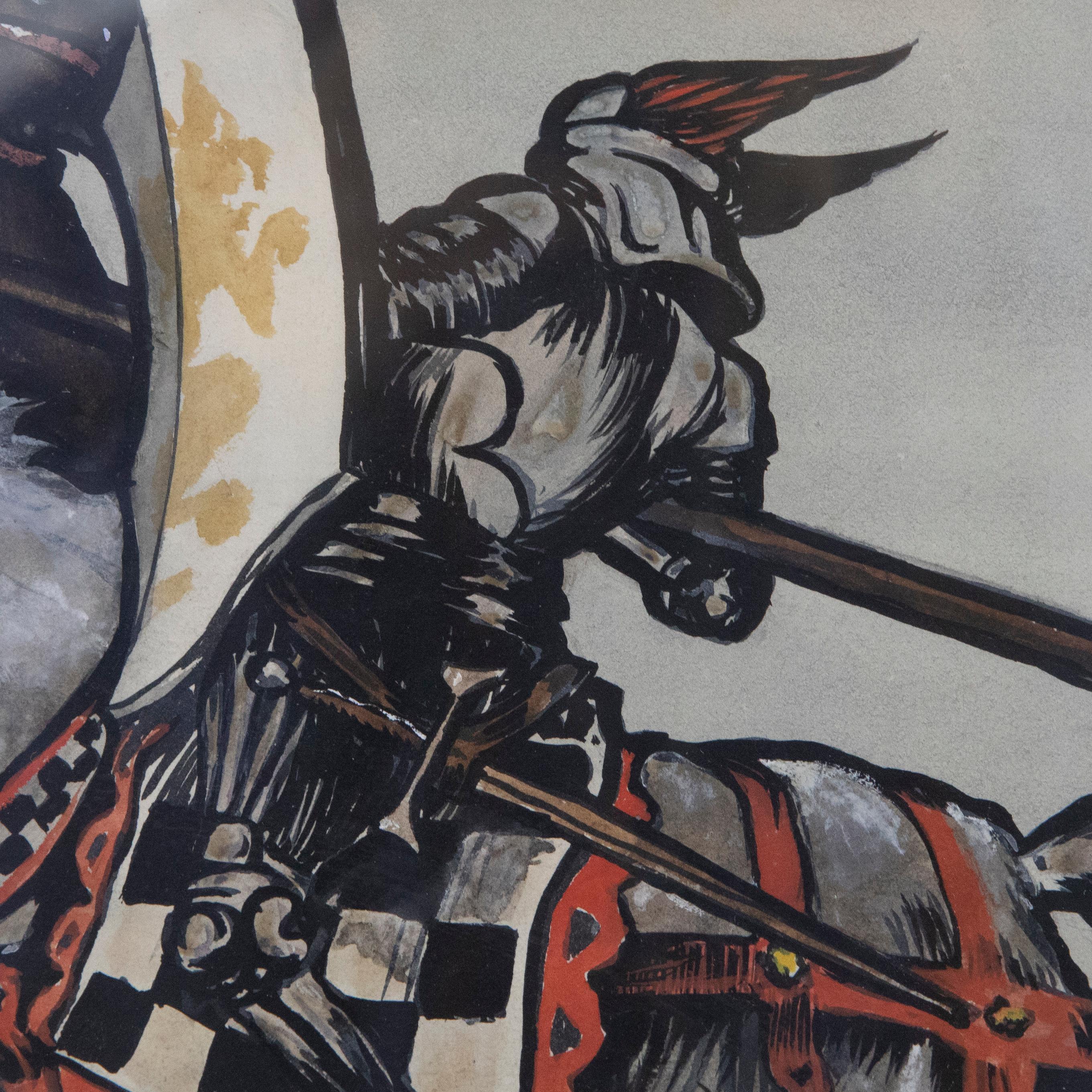 This scene depicts two knights caught in a violent joust, with one striking other in the face with their lance. The artist captures the knights in a mix of watercolour and black indian ink, creating thick bold outlines that dominate the piece.