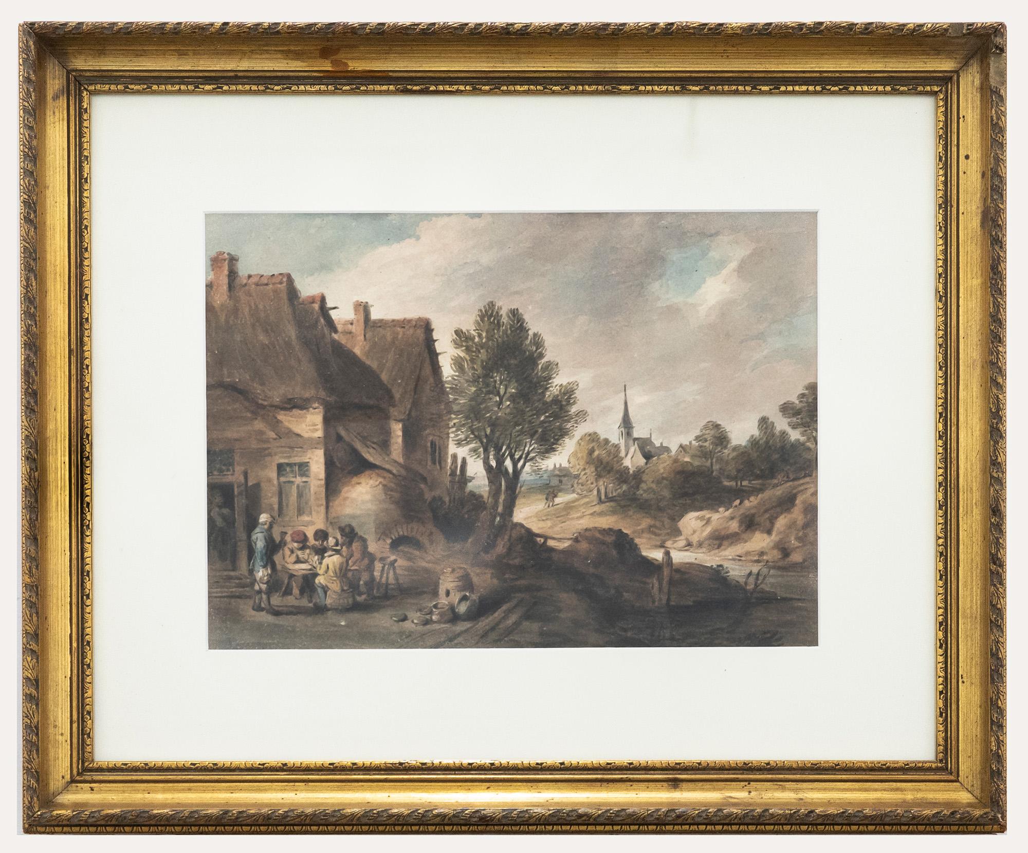 Figurative Art Unknown - Manière de David Teniers - Aquarelle du 19e siècle, Jeux de hasard au bar à bière