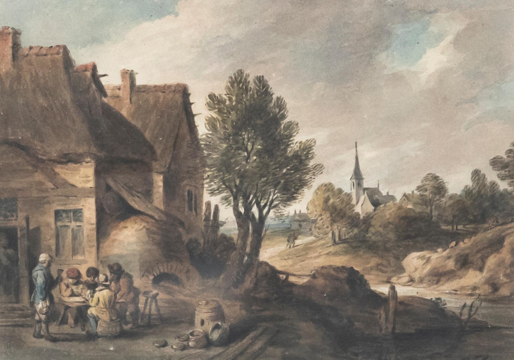 Manière de David Teniers - Aquarelle du 19e siècle, Jeux de hasard au bar à bière - Art de Unknown