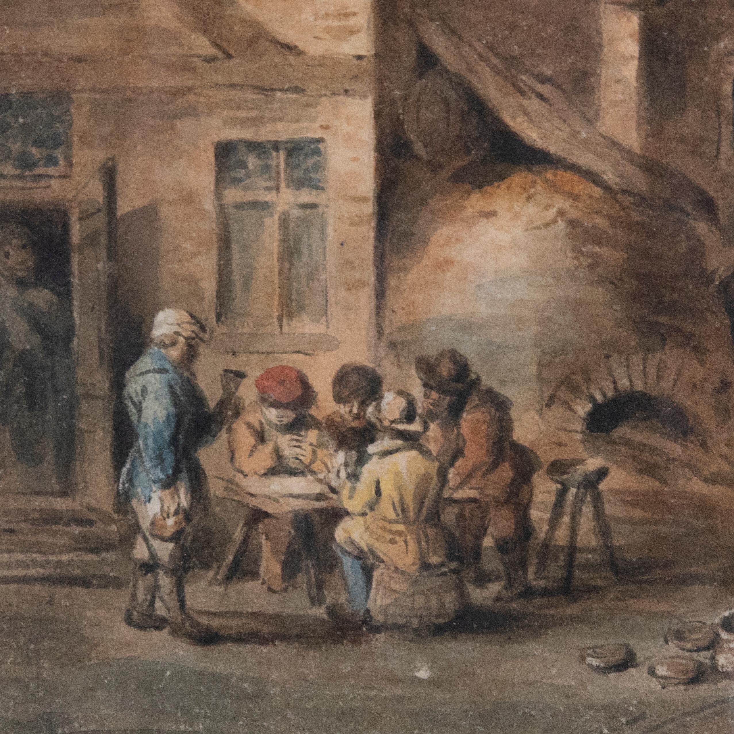 Une charmante aquarelle à la manière de David Teniers, montrant un groupe d'hommes jouant aux cartes à l'extérieur de la brasserie locale sur la rivière. L'aquarelle a été bien présentée dans un beau cadre à effet doré avec un motif de feuillage