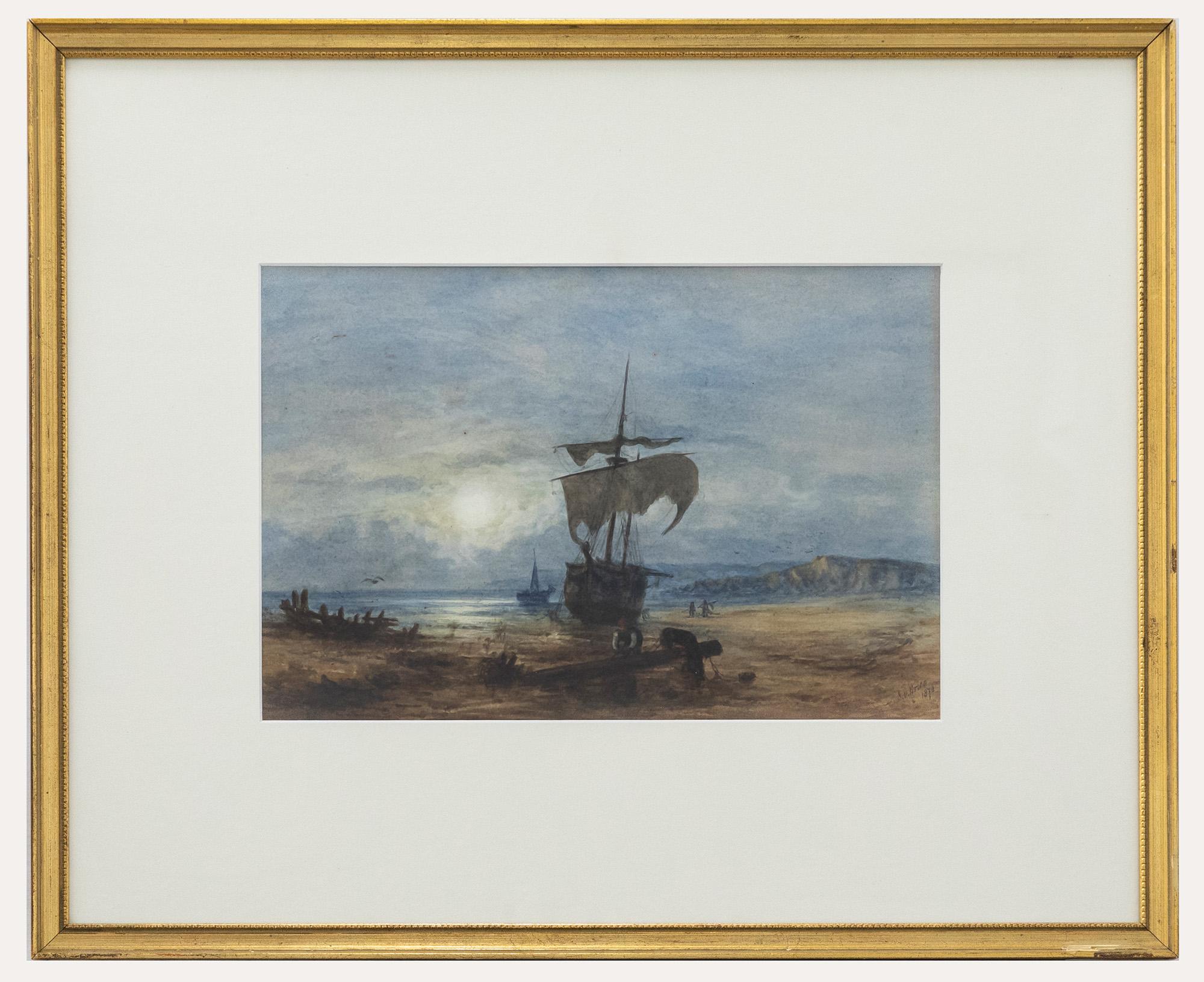A charming seascape in watercolour, by the well listed artist George S. Walters (1838-1924). The painting shows a stranded ship at low tide. A figure can be scene busy in the foreground gathering rope from a broken mast uncovered by the sea. The