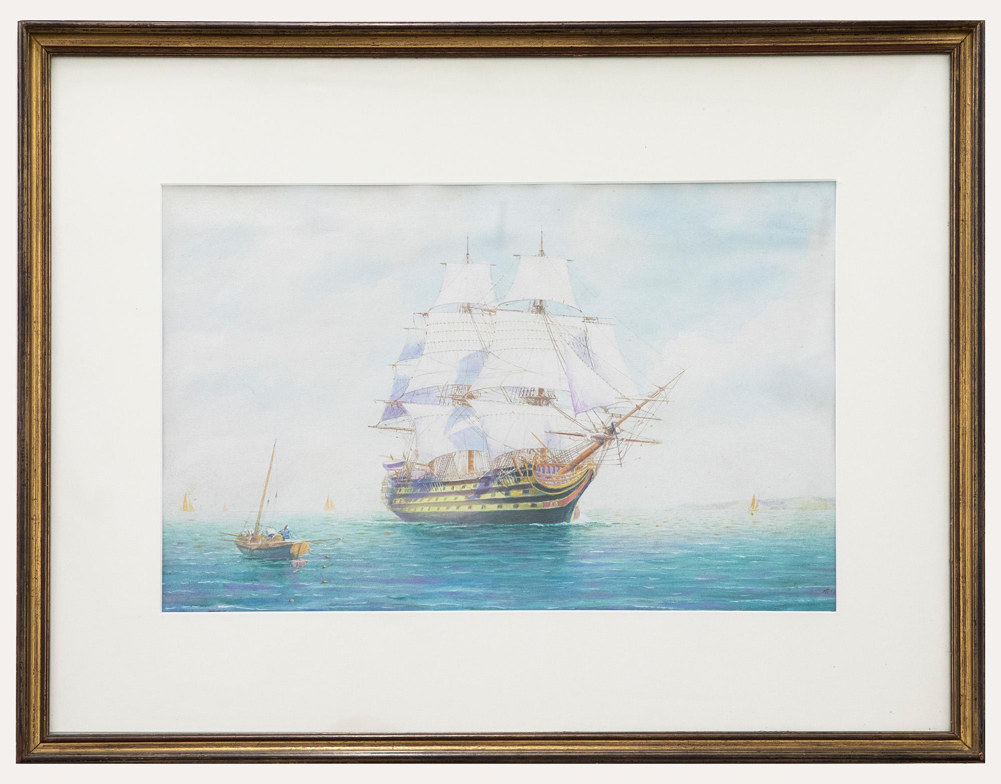 J. Grier - Acuarela enmarcada de mediados del siglo XIX, Barco naval en el mar