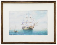 Antique J. Grier - Framed Mid 19th Century Watercolour, Naval Ship at Sea