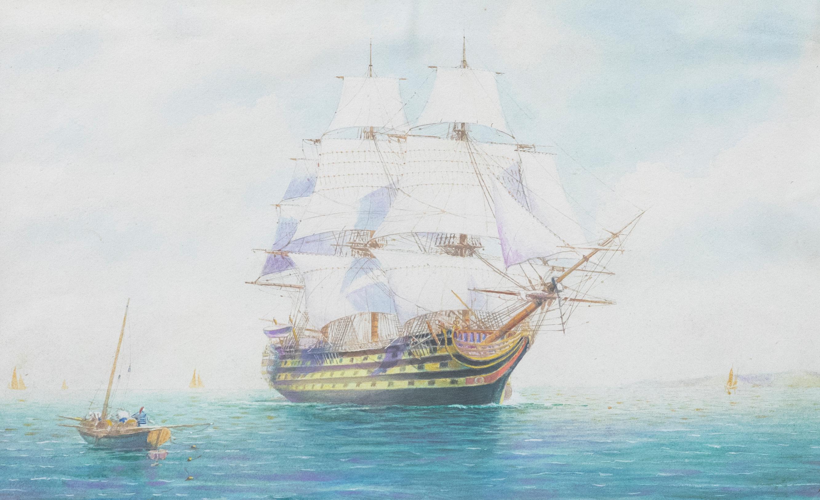 Grier – Gerahmtes Aquarell, Marineschiff auf See, Mitte des 19. Jahrhunderts – Art von Unknown