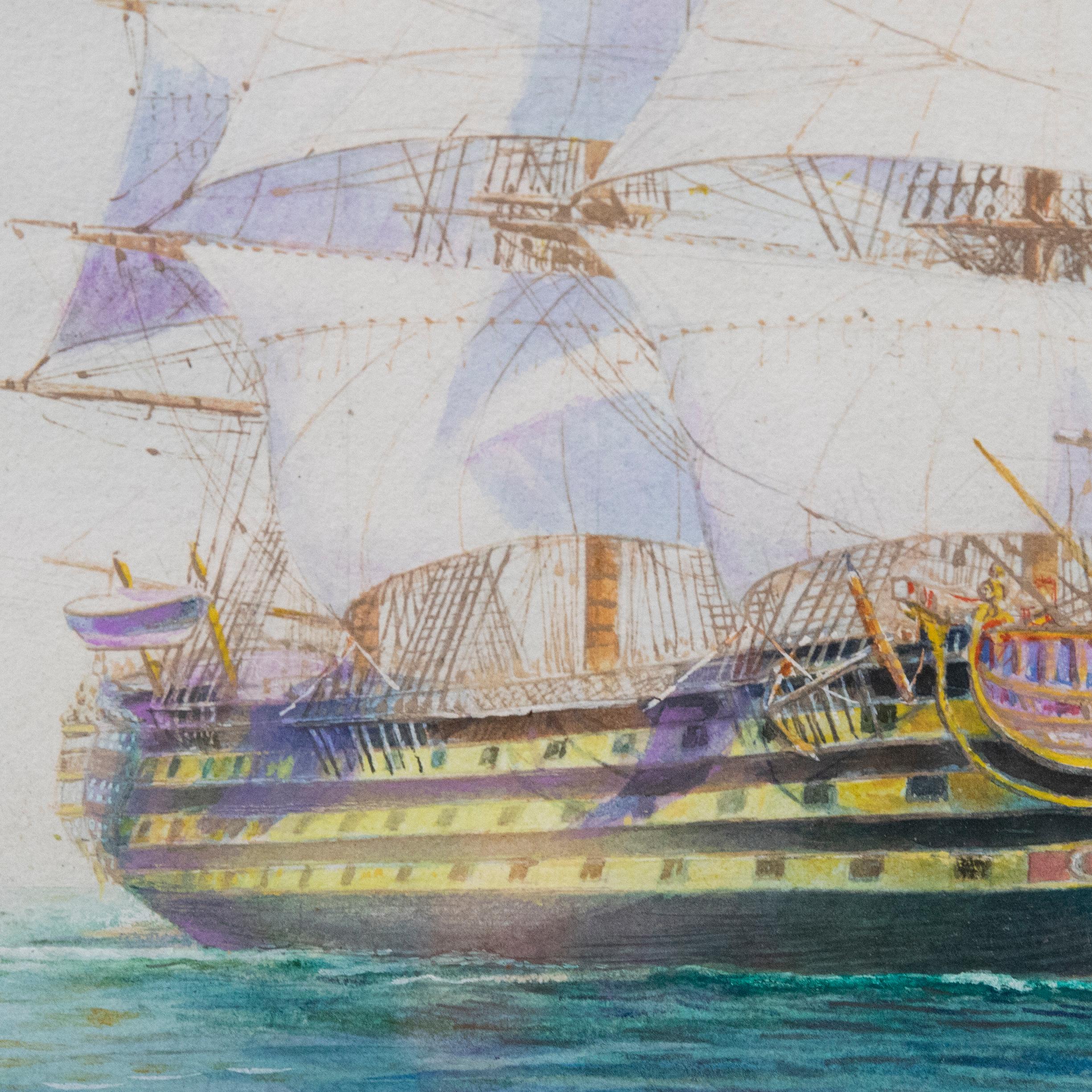 Grier – Gerahmtes Aquarell, Marineschiff auf See, Mitte des 19. Jahrhunderts im Angebot 1