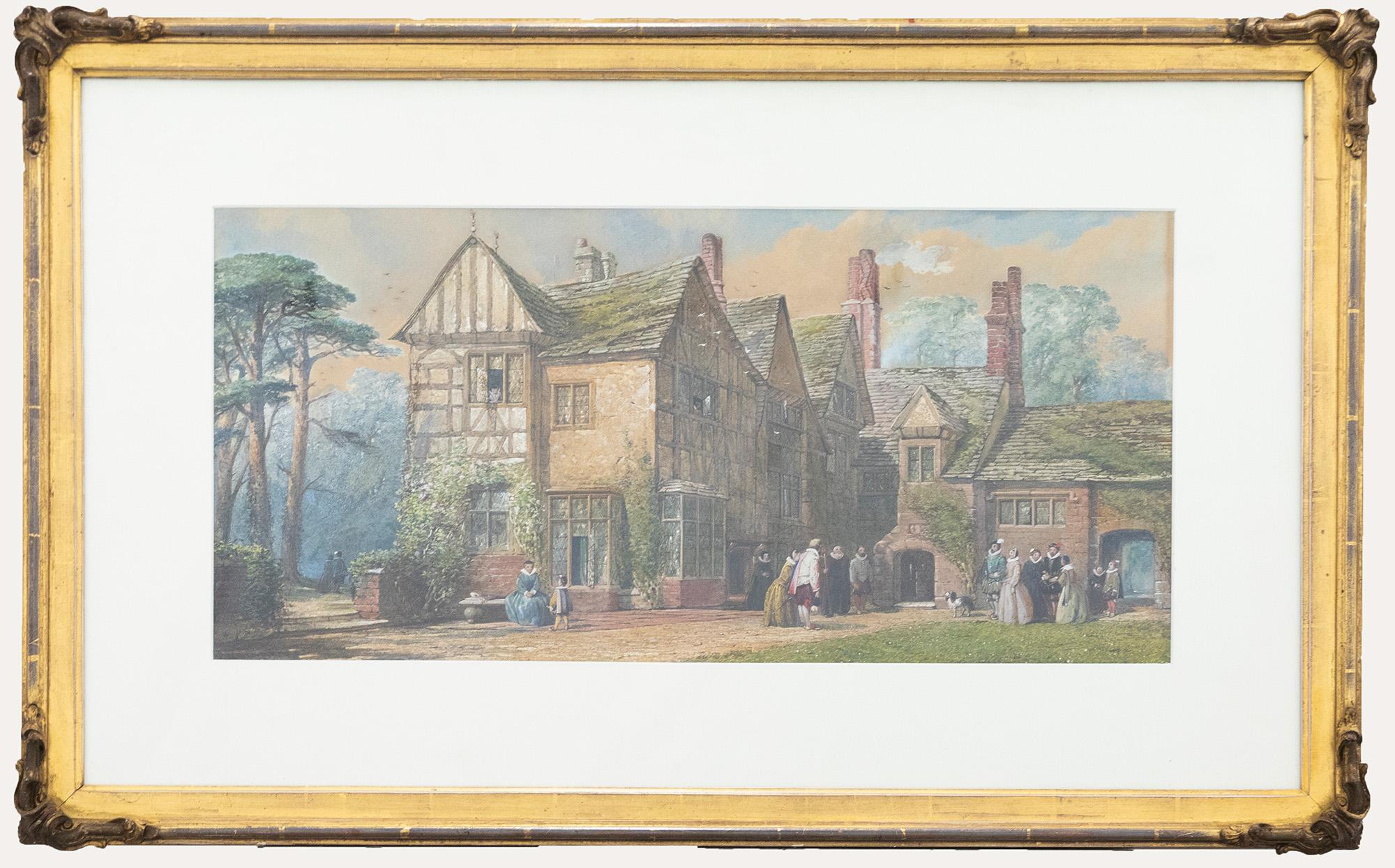 A particularly fine watercolour scene of two noble families greeting each other outside a magnificent half-timber manor. Both families look nervous by the meeting, standing at a distance as they acknowledge one another in their finest clothes. The