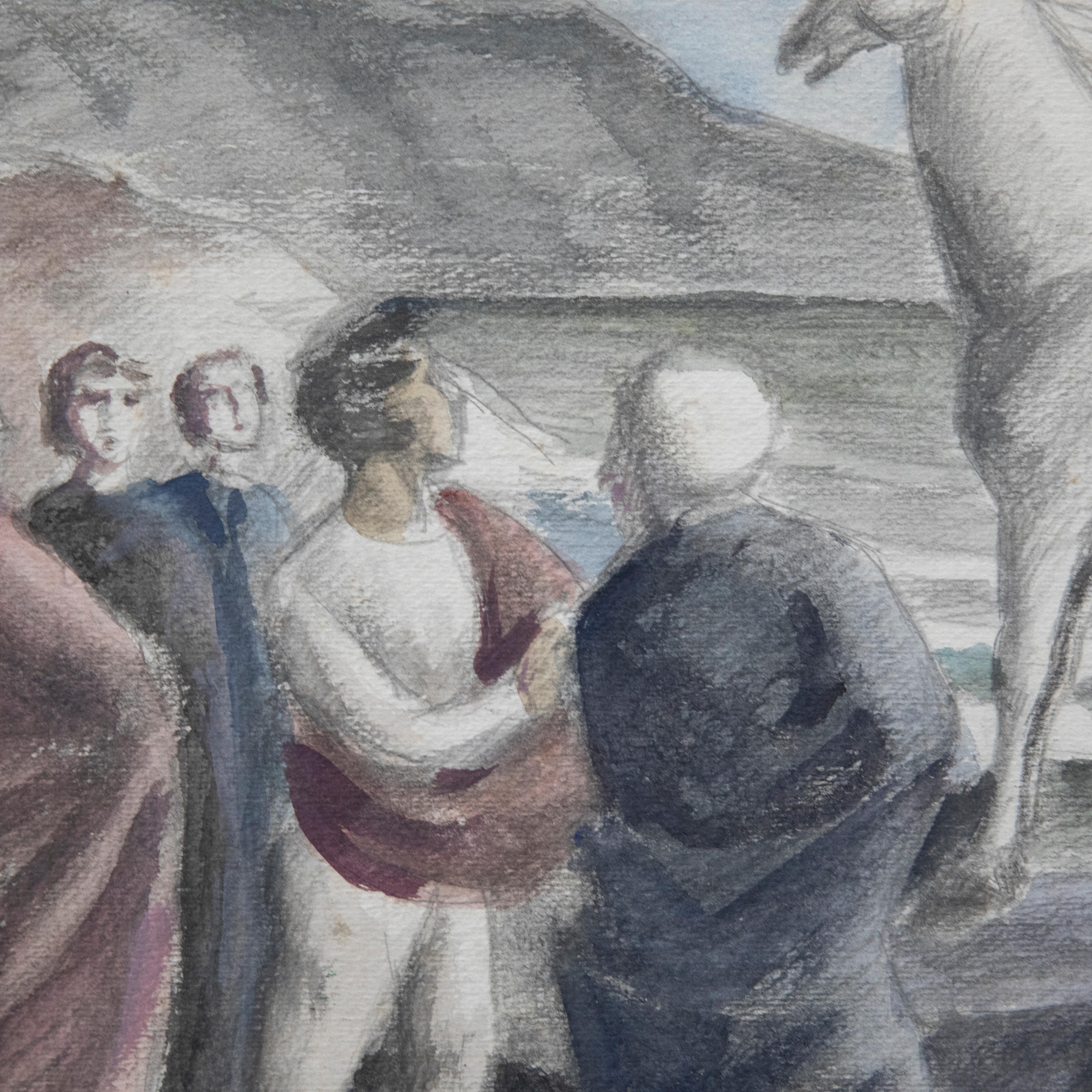A striking scene depicting a boy on horseback alerting a group of people on the beach pointing into the distance as the concerned people gather. The scene shows classical inspiration in the statuesque poise of the figures and their traditional