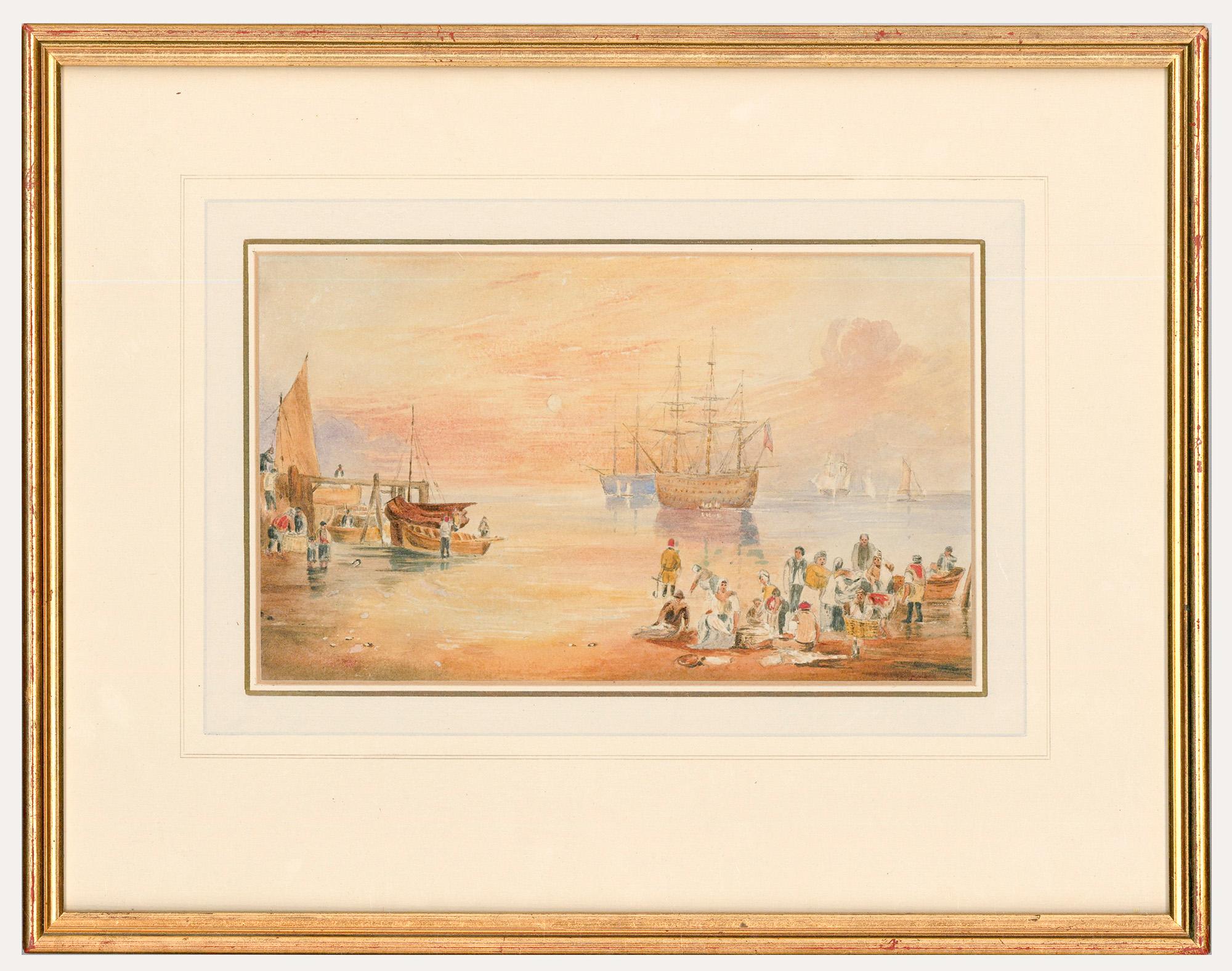 Figurative Art Unknown - Aquarelle encadrée du 19e siècle - Le tri des marchandises