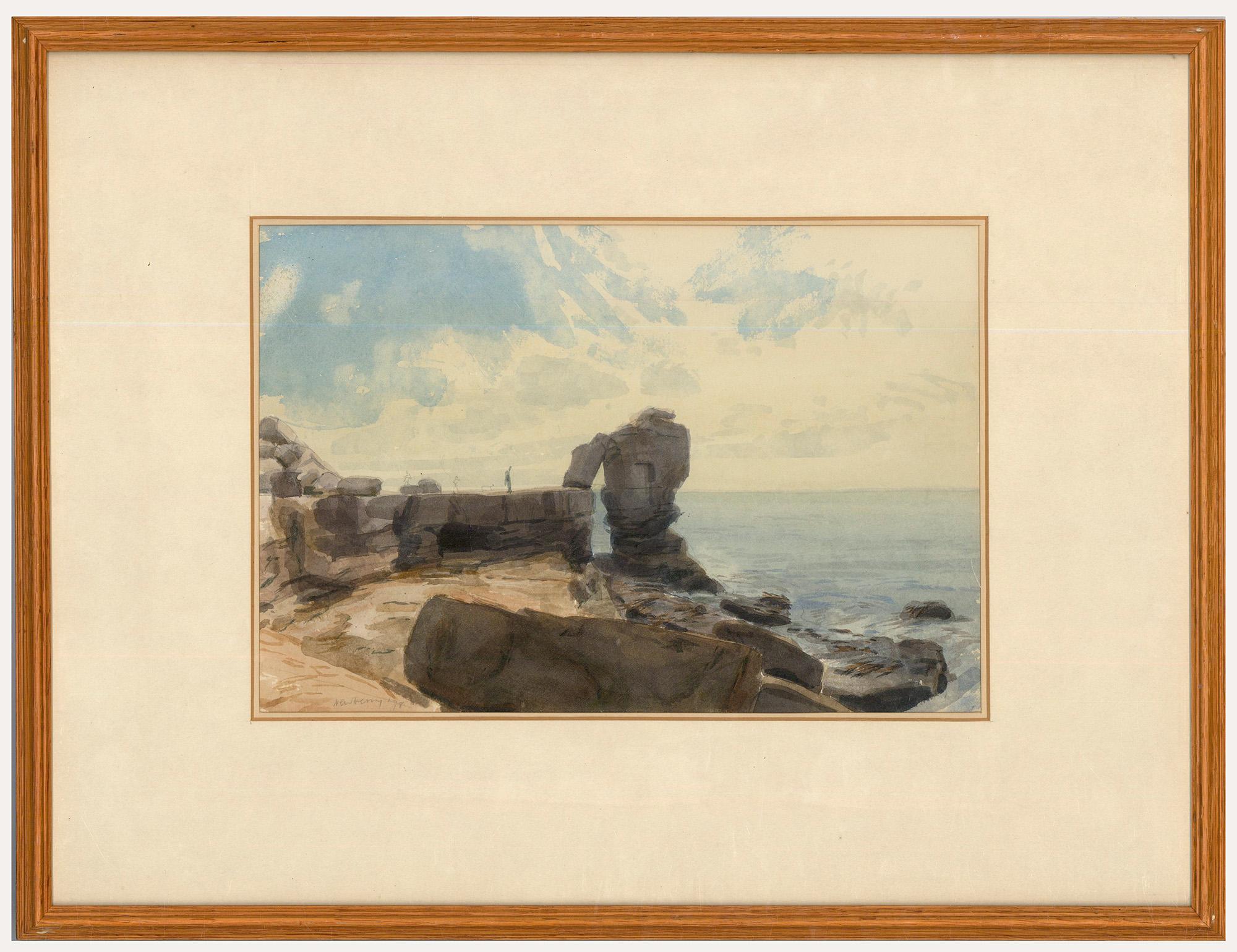 A fine watercolour depiction of Dorset's famous Pulpit rock, found on the southern tip of the Isle of Portland. The watercolour has been beautifully presented in a narrow oak frame with a crisp double mount. Signed in graphite to the lower left .