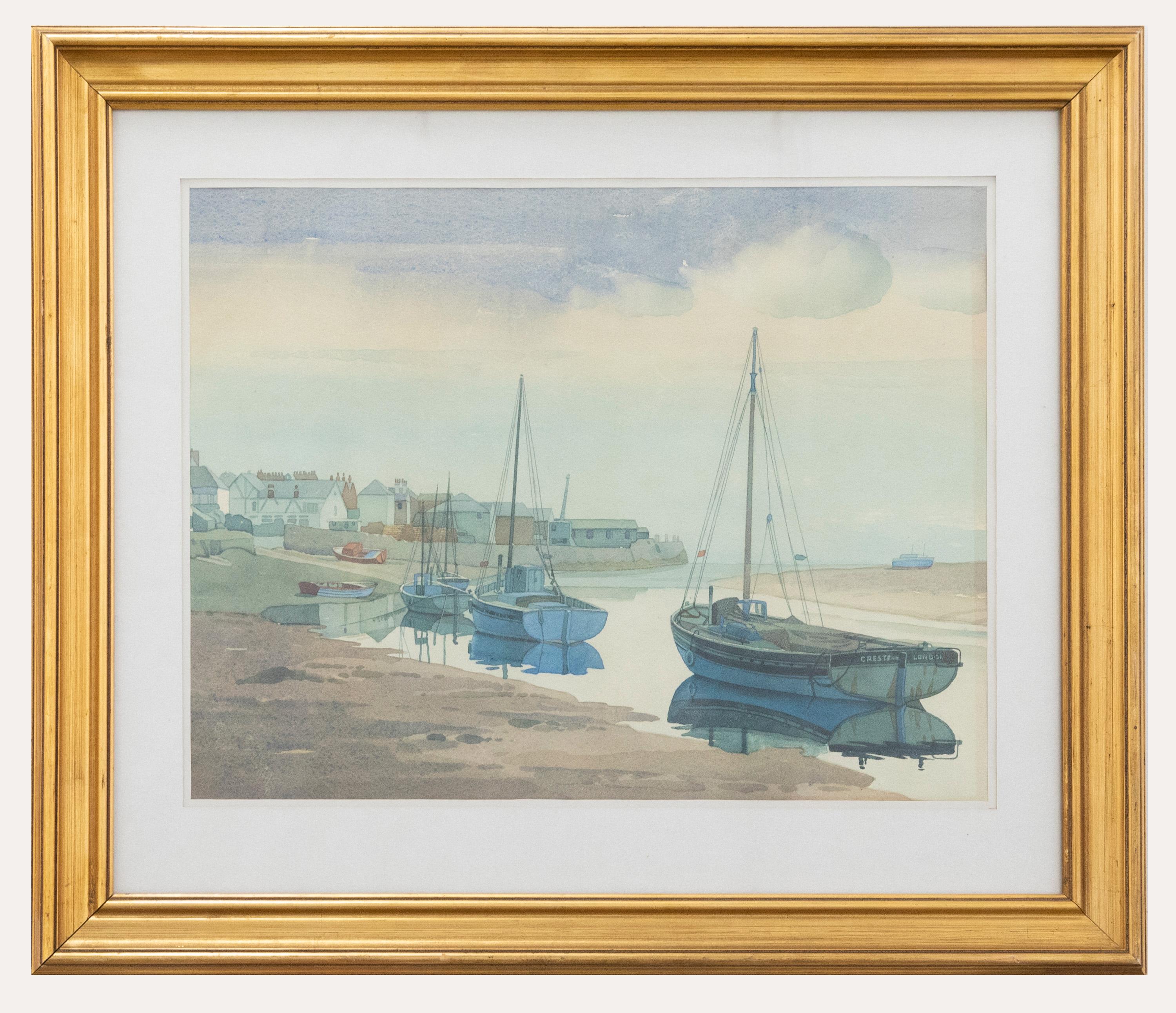 Figurative Art Unknown - Aquarelle encadrée du 20e siècle, Bateaux dans un port britannique