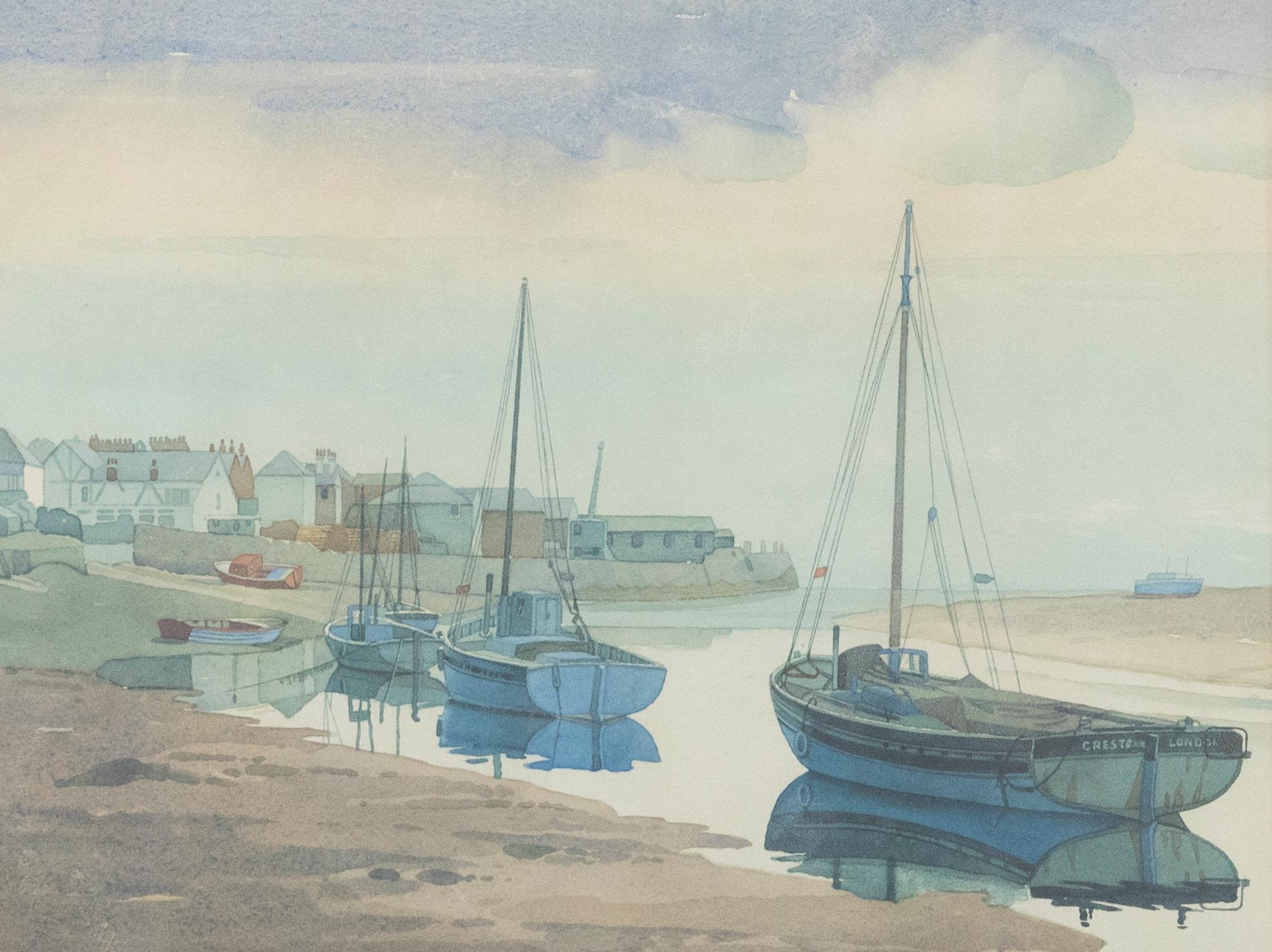 Framed 20th Century Watercolour, Boats in a British Harbour - Art by Unknown