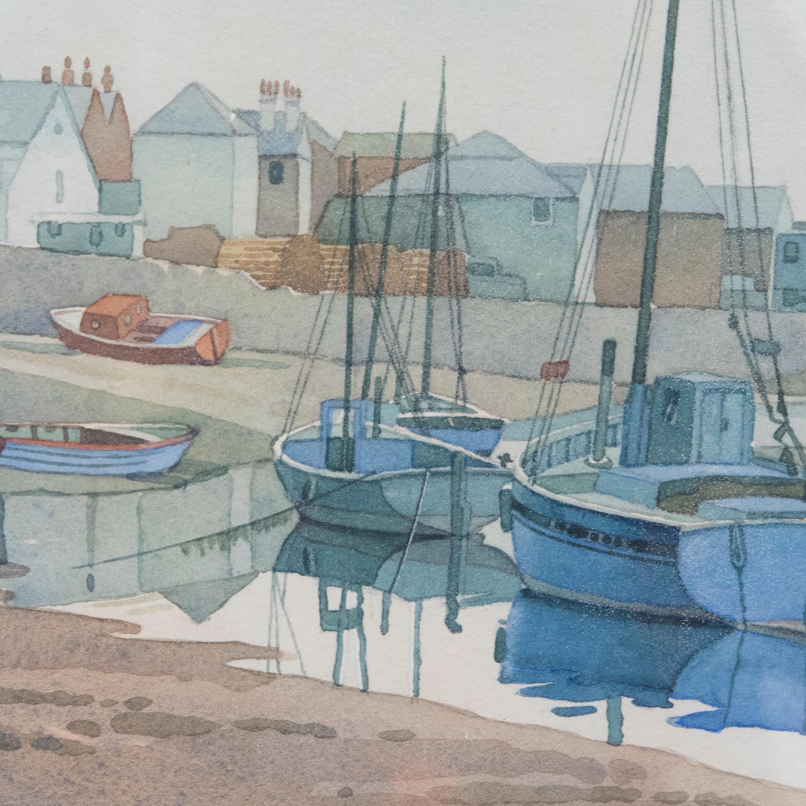 Framed 20th Century Watercolour, Boats in a British Harbour For Sale 1