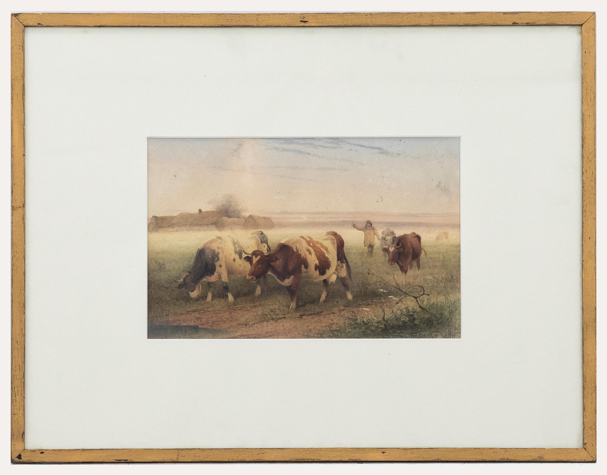 Frederick E Valter (1860-1930) - Aquarelle encadrée, avec vaches pour le marché