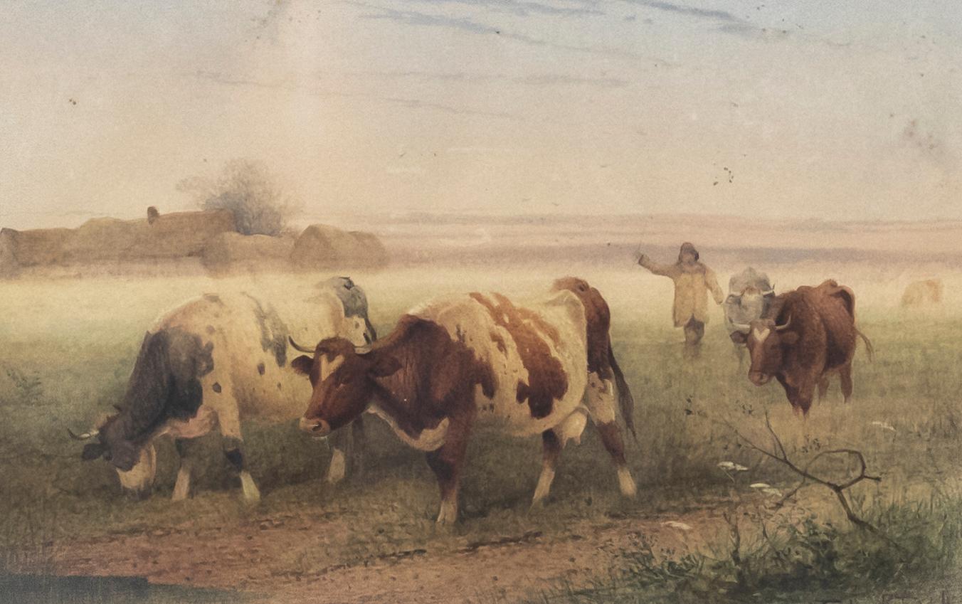 Frederick E Valter (1860-1930) - Framed Watercolour, Drover with Cows for Market - Art by Unknown