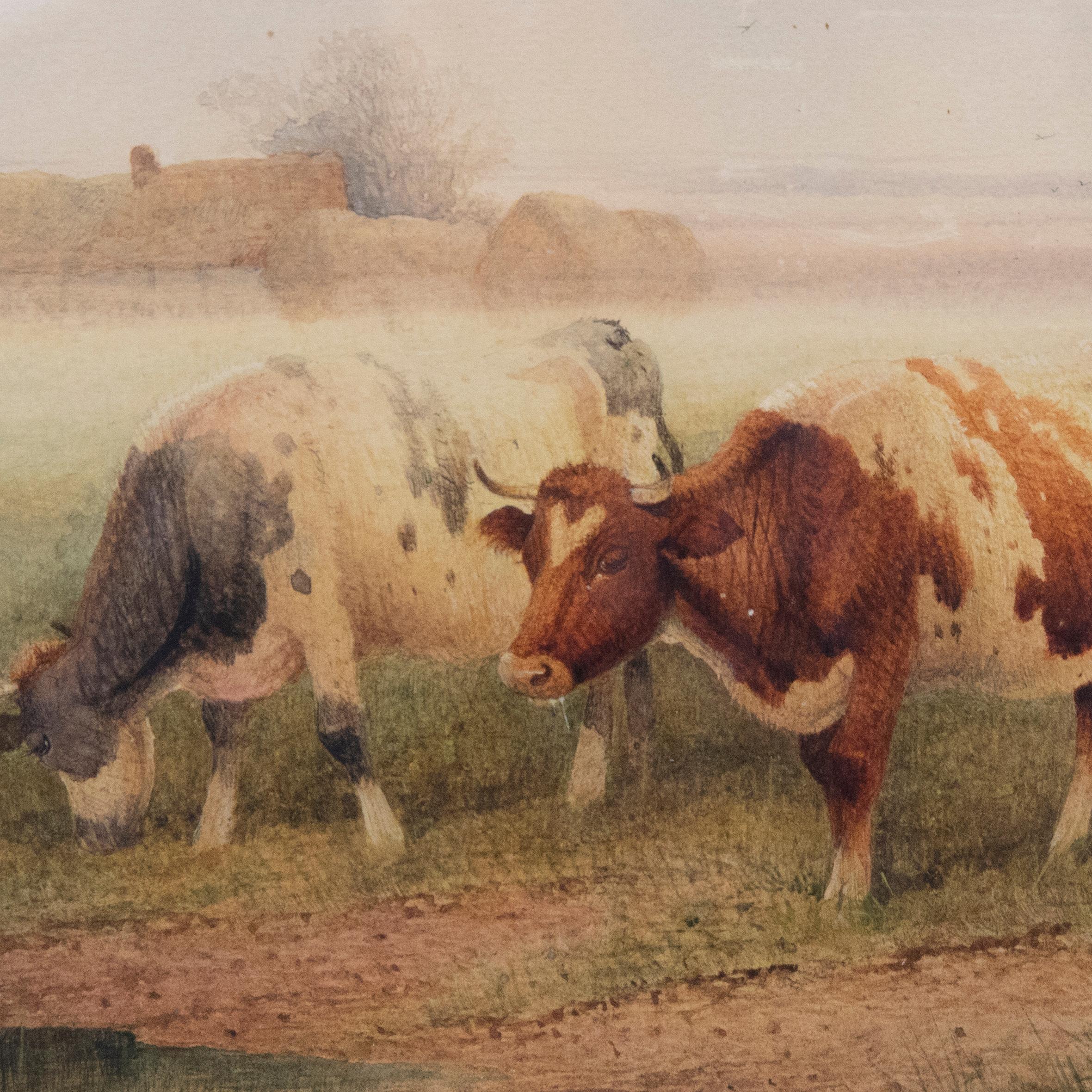 Frederick E Valter (1860-1930) - Framed Watercolour, Drover with Cows for Market For Sale 1