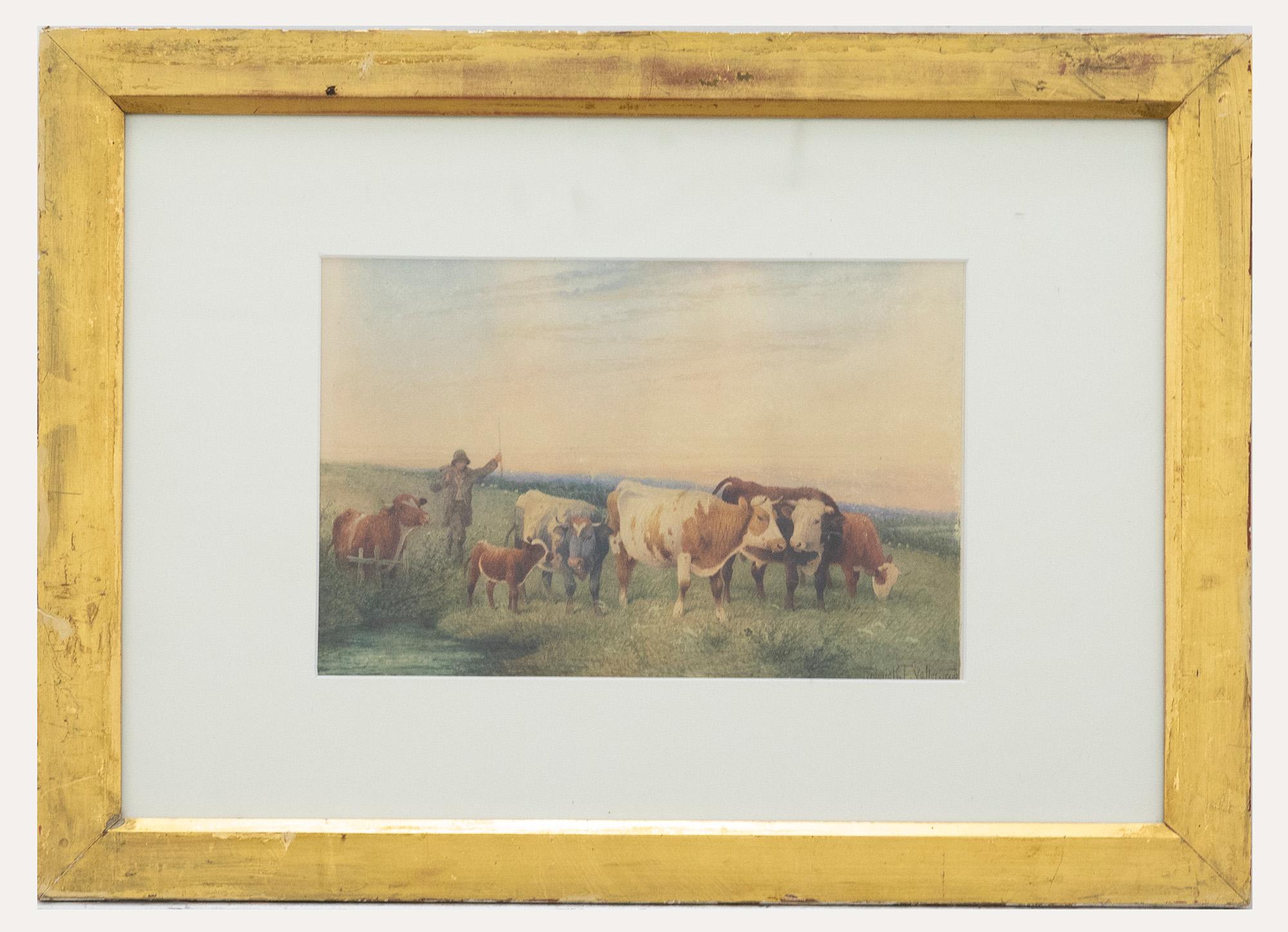 Unknown Landscape Art - Frederick E Valter (1860-1930) - Framed Watercolour, Driving Cattle