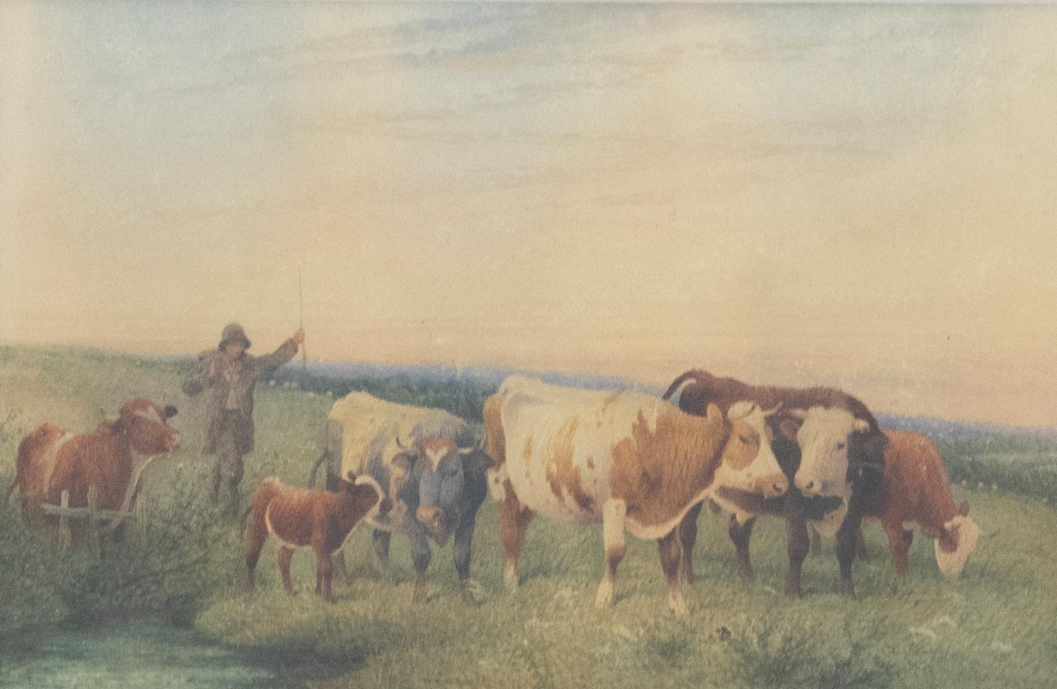 Frederick E Valter (1860-1930) - Framed Watercolour, Driving Cattle - Art by Unknown