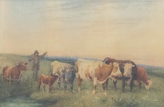 Frederick E Valter (1860-1930) - Framed Watercolour, Driving Cattle