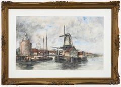 Aquarelle encadrée de Louis Van Staaten (1836-1909), Scène de rivière néerlandaise