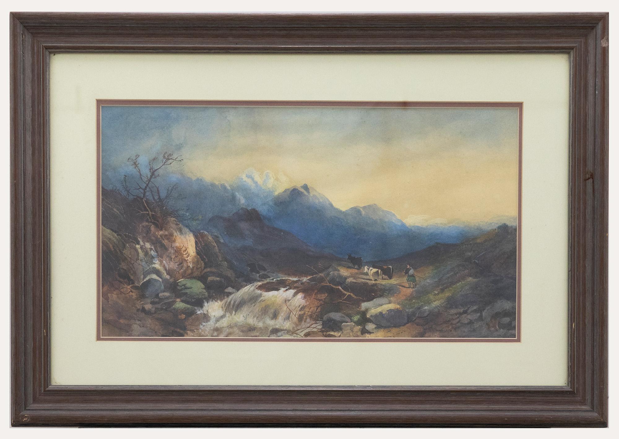 Aquarell des späten 19. Jahrhunderts – Kühe im Hochland Stream