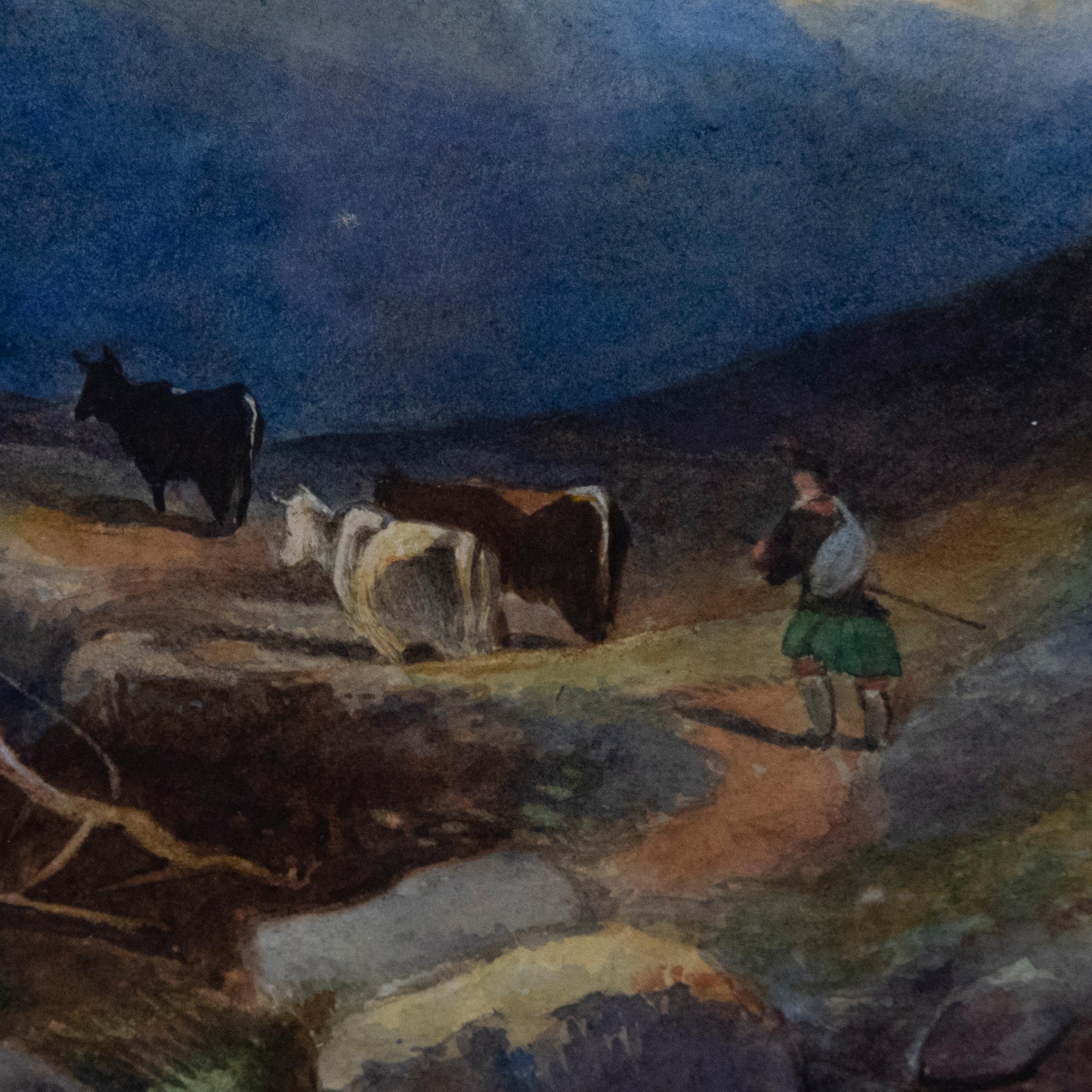 Late 19th Century Watercolour - Cows by the Highland Stream For Sale 1