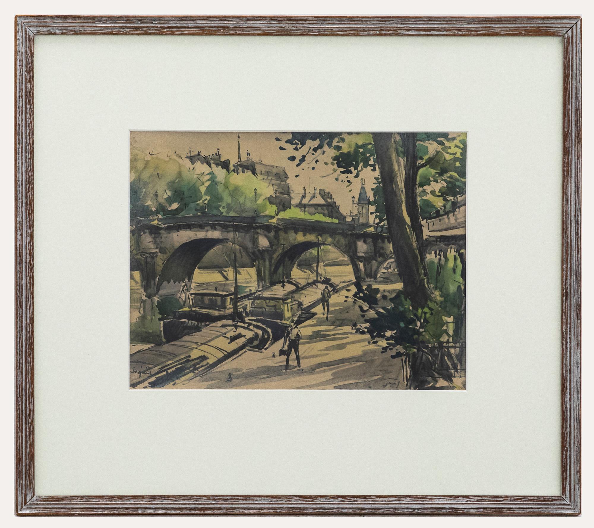 Gerahmtes Aquarell des 20. Jahrhunderts – Canal-side in Summer
